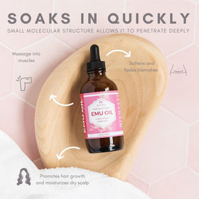 Leven Rose emu oil pouring to show lightweight texture and fast absorption
