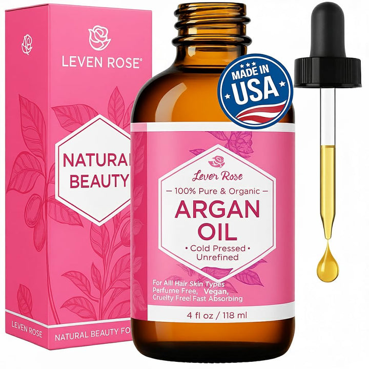 Leven Rose front bottle showing pure argan oil and product clarity benefit