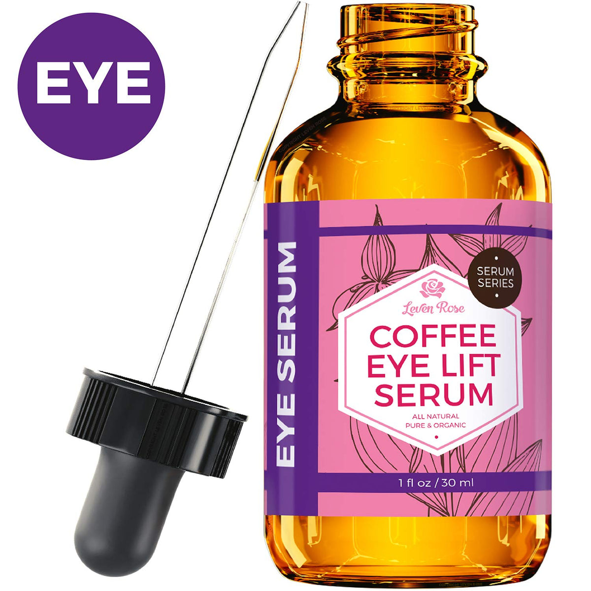 Leven Rose front packaging showing bottle and cap, clear organic branding and benefit