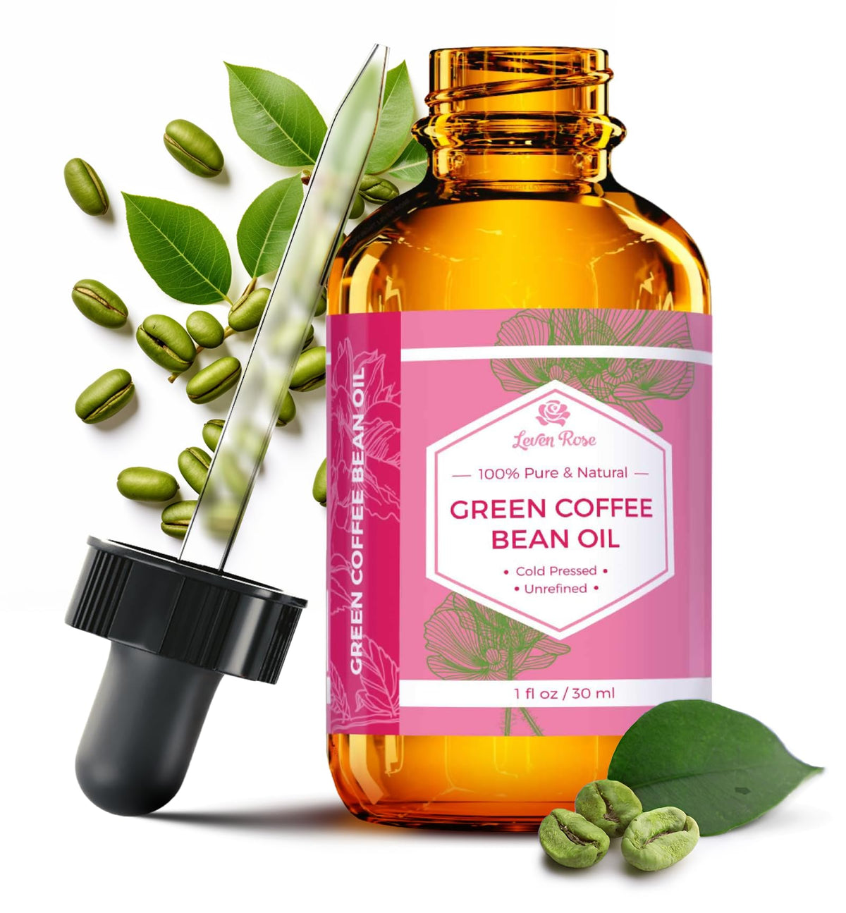 Leven Rose front packaging showing pure green coffee bean oil and benefits