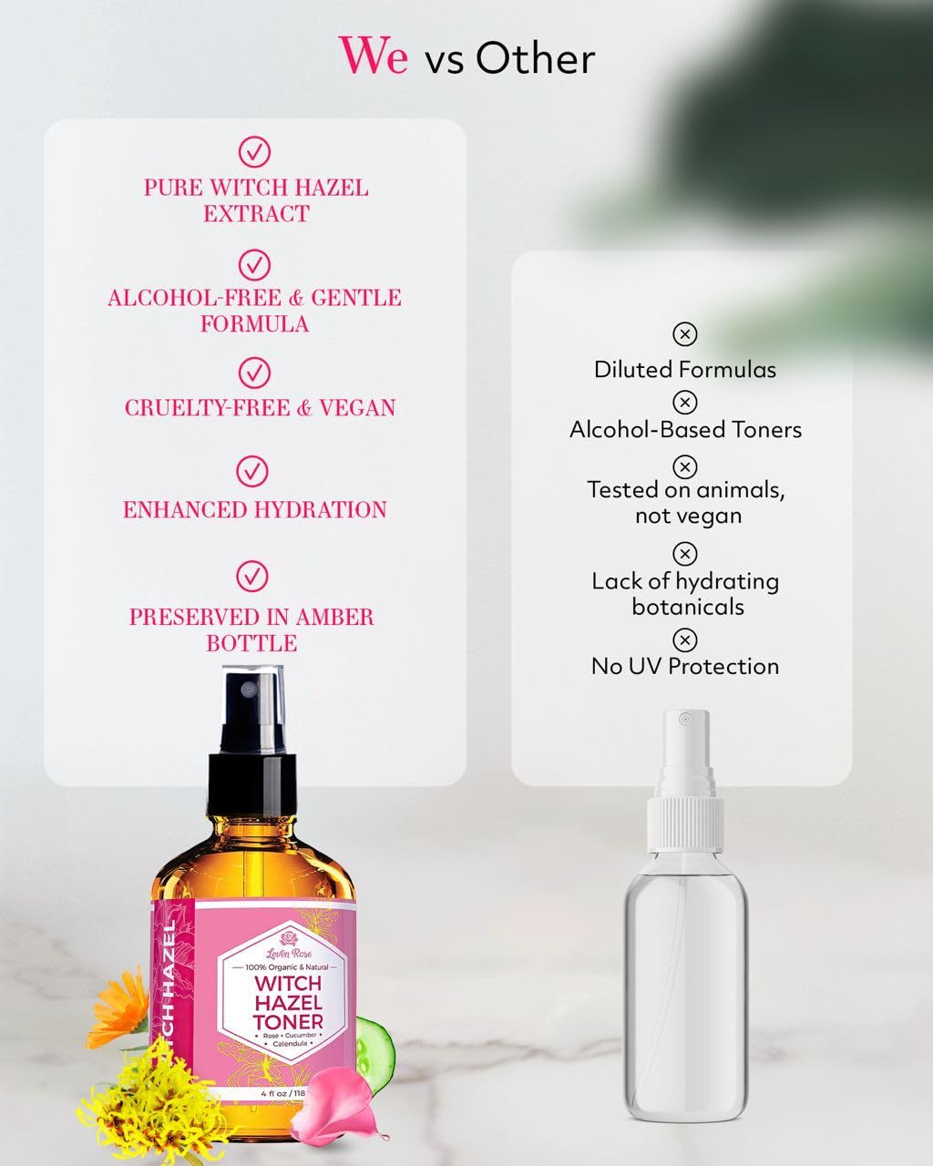 Leven Rose ingredient label detail highlighting organic witch hazel and botanicals