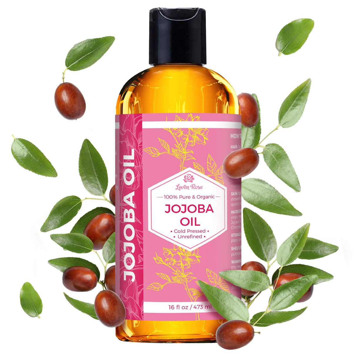 Leven Rose front label showing pure jojoba oil benefits and size