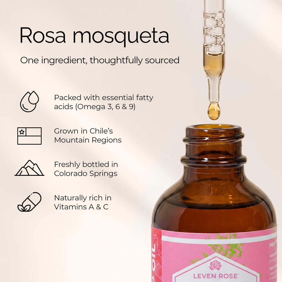 Leven Rose oil texture on palm showing lightweight absorption benefit