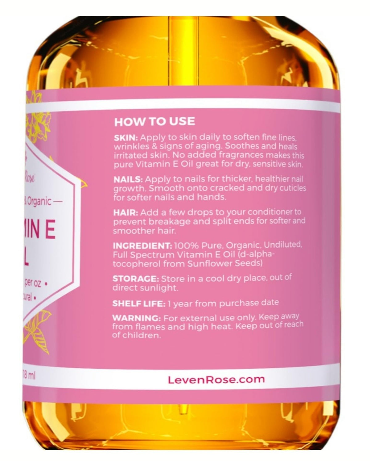 Leven Rose label close-up showing ingredient purity and natural sourcing benefit
