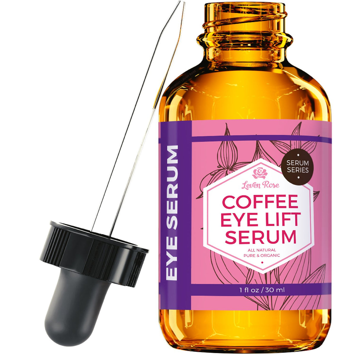 Leven Rose pipette dispensing a drop, precise dosing for targeted under-eye treatment
