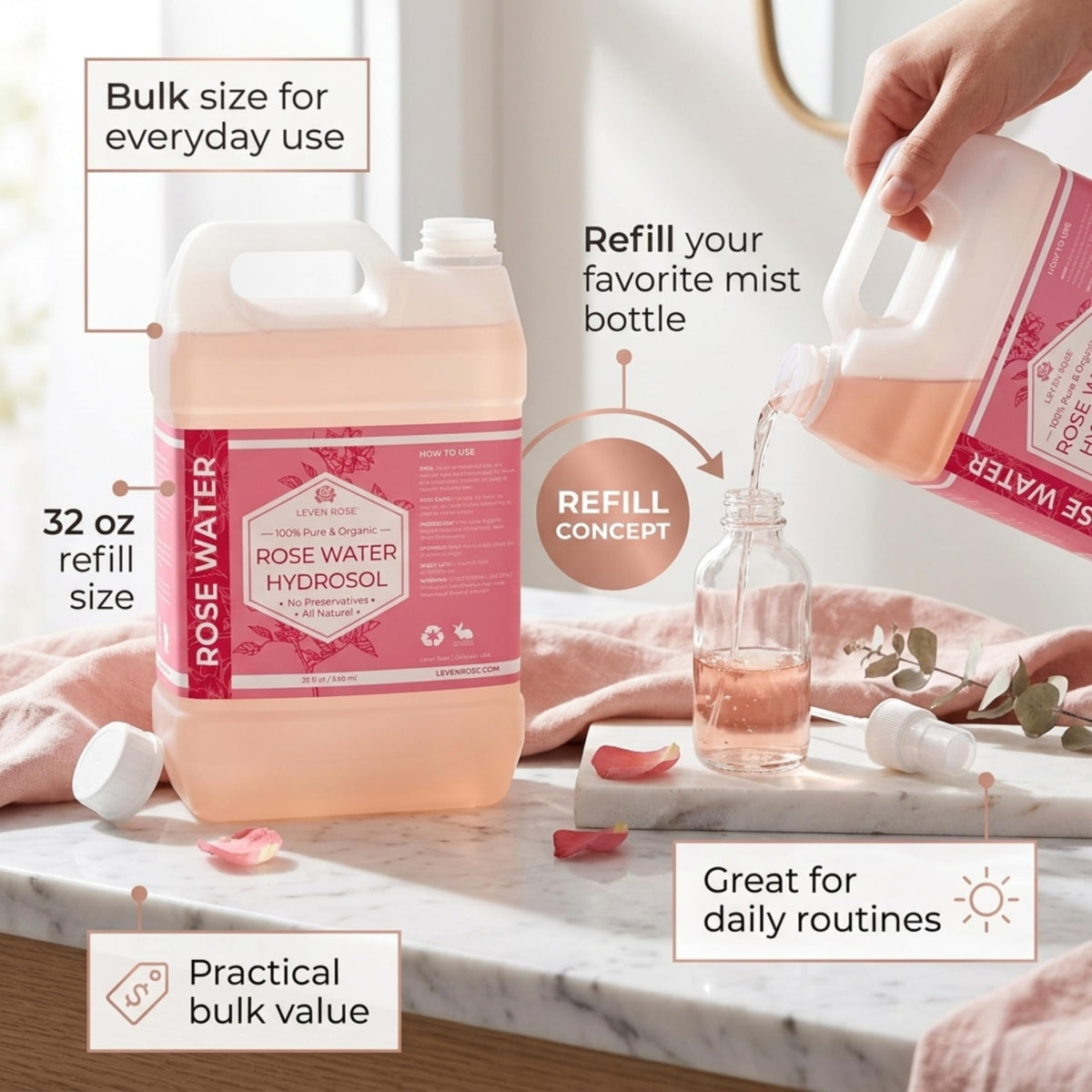 Leven Rose pouring refill into smaller spray bottle for easy application