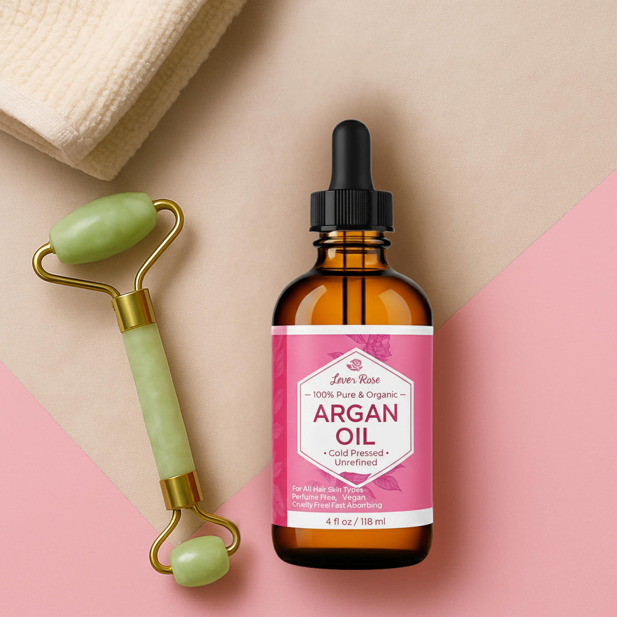 Leven Rose 4 oz bottle next to common items showing compact travel-friendly size