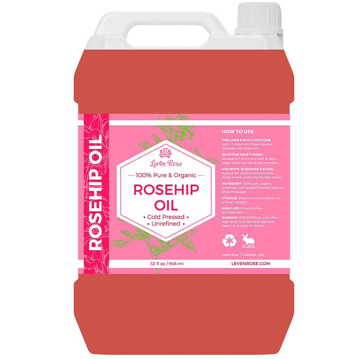 Leven Rose 32 oz bottle next to hand to illustrate generous supply benefit