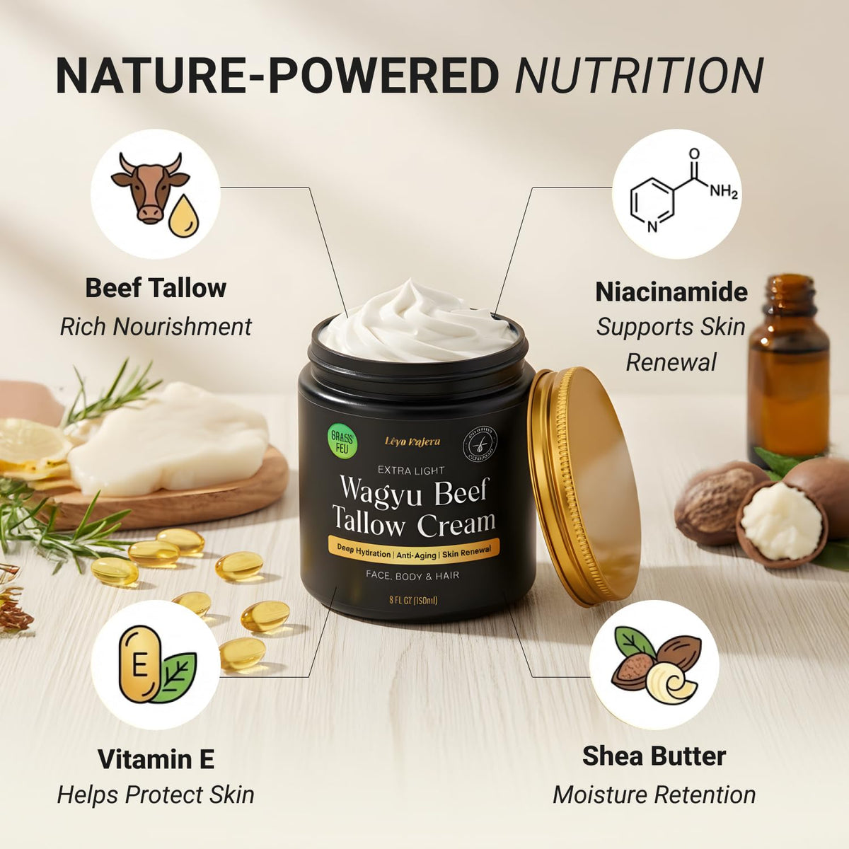 Lèyo Rujera ingredients display with shea butter and niacinamide highlighting formulation
