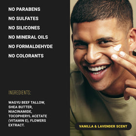 Lèyo Rujera label and nutrient callouts highlighting Wagyu tallow and vitamin E benefits