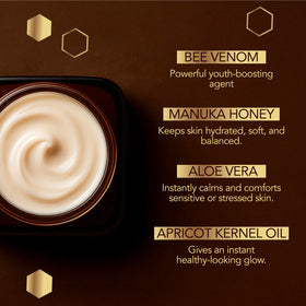 LHIVE ingredients display with Manuka honey and aloe highlighting deep hydration