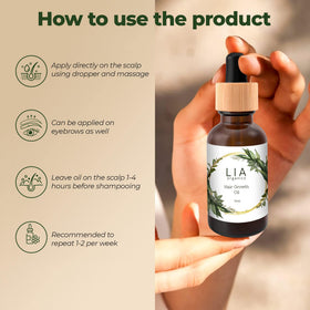 Lia Organics pouring oil from dropper illustrating controlled application benefit