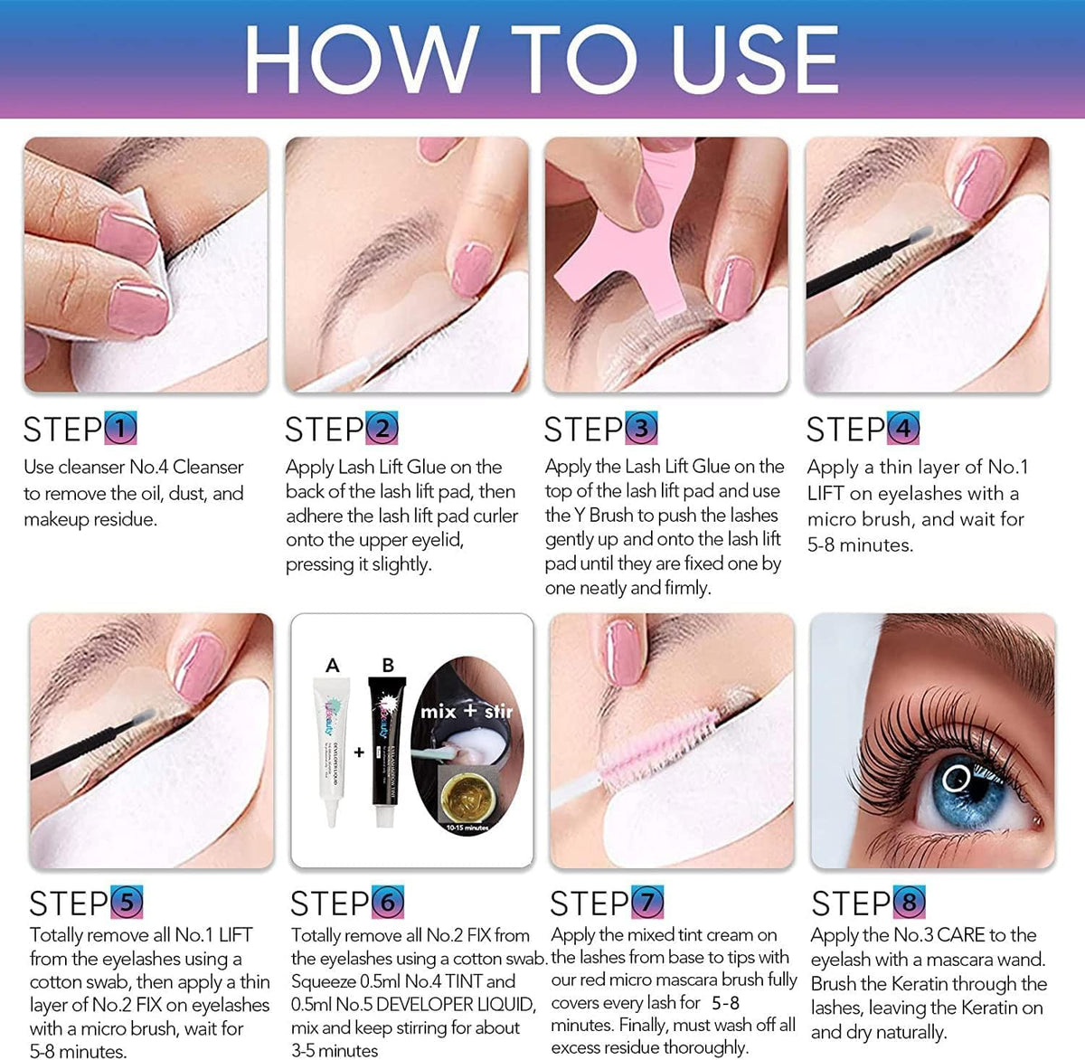 Libeauty before and after eyes demonstrating lifted lashes and defined brows