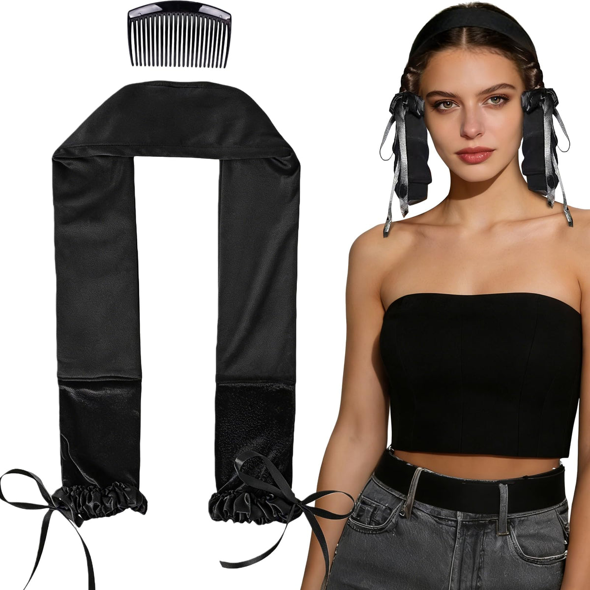 Liegaio scrunchie front view showing product and benefit: easy overnight styling