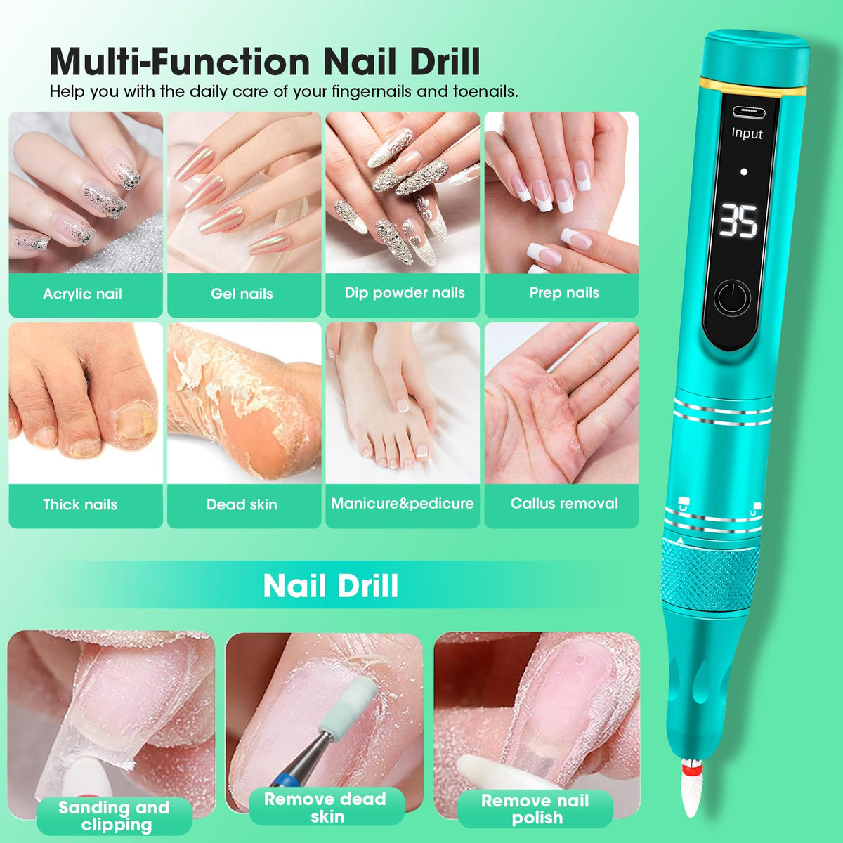 LIERKISS cordless drill in use during a home manicure demonstrating portability