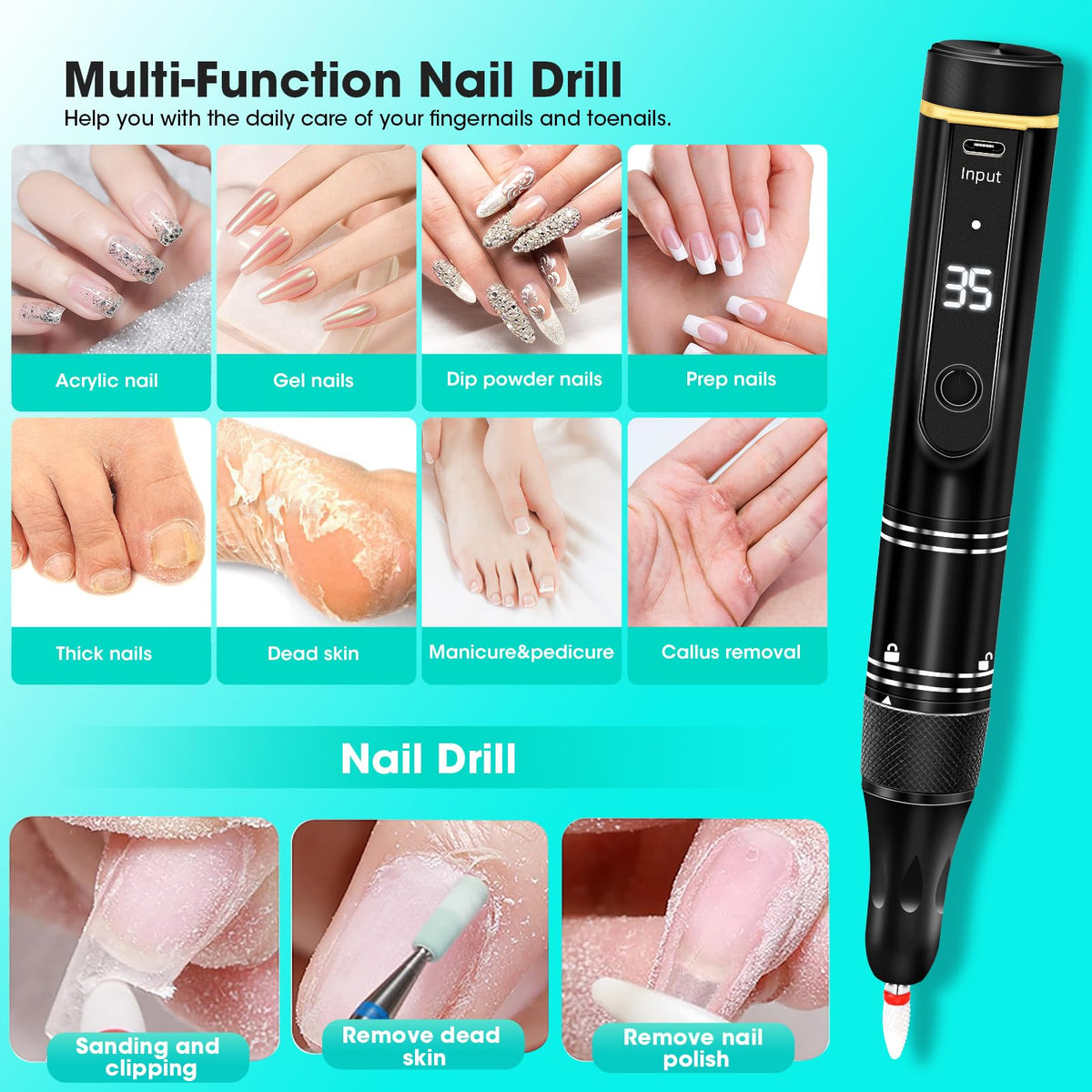 LIERKISS cordless nail drill in use polishing acrylic nails smoothly