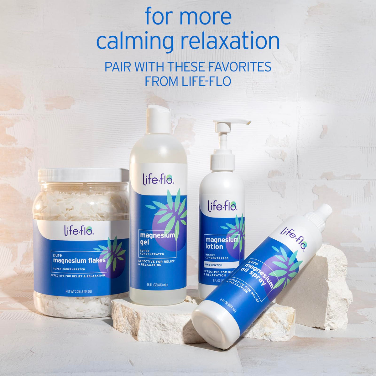 LIFE-FLO bottles staged on bathroom shelf representing daily routine and convenient storage
