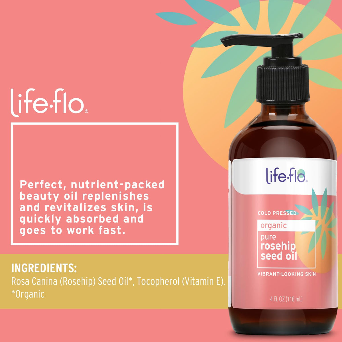 LIFE-FLO amber glass bottle detail protecting oil freshness