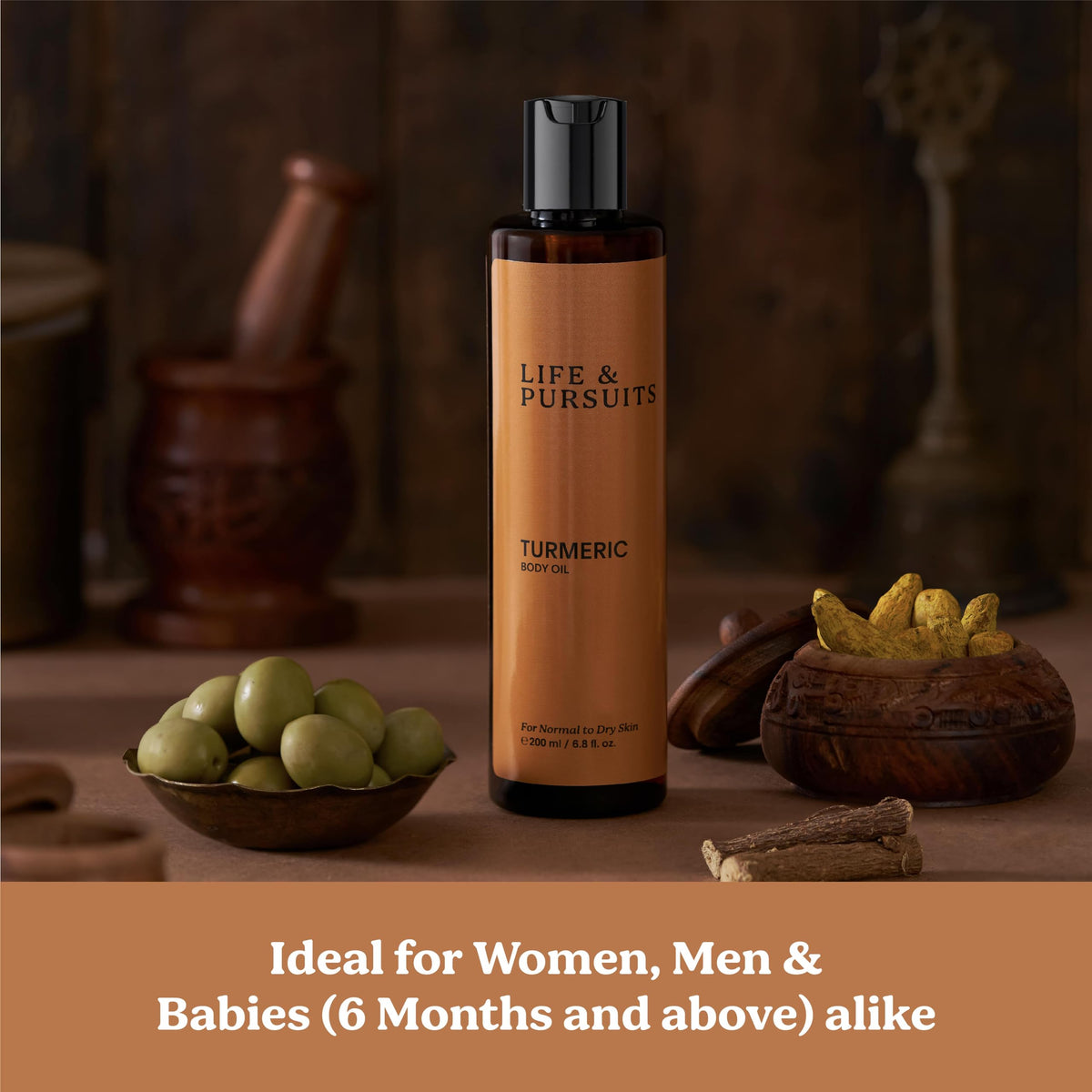 Life & Pursuits bottle on bathroom shelf lifestyle image conveying daily moisturizing ritual