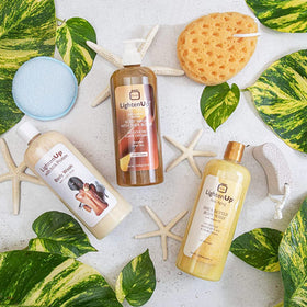 LightenUp lifestyle bathroom shelf scene conveying tropical fragrance freshness