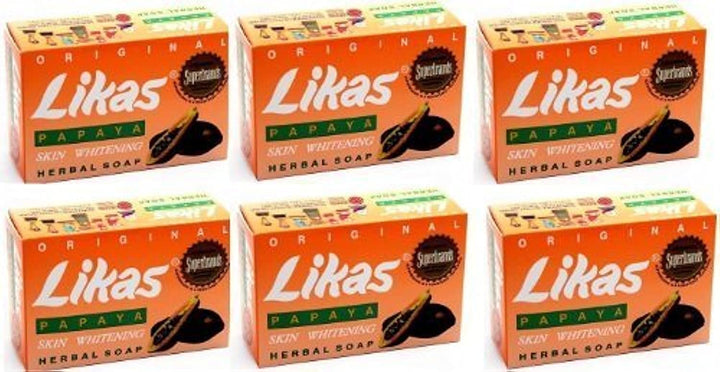 Likas papaya soap front packaging showing six bars and clean daily use benefits