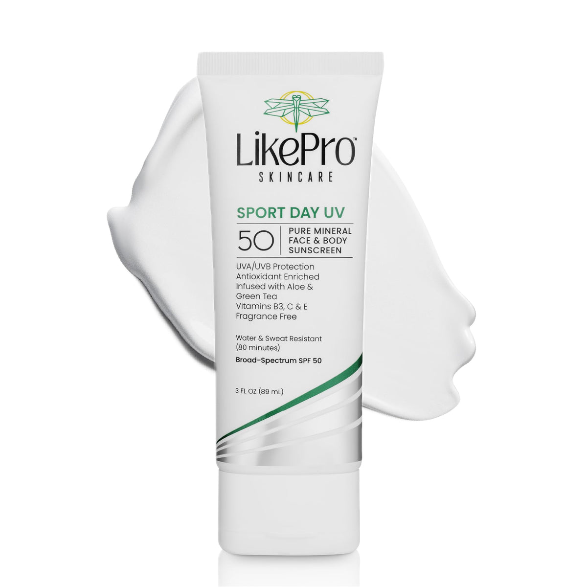 LikePro SKINCARE front packaging showing SPF 50 and travel size benefits