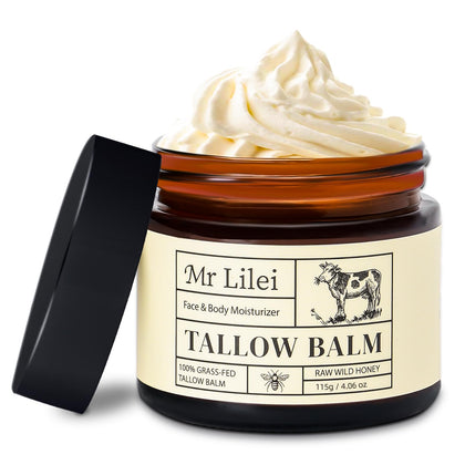 Lilei Beauty front jar showing unscented tallow balm and label benefit hydration