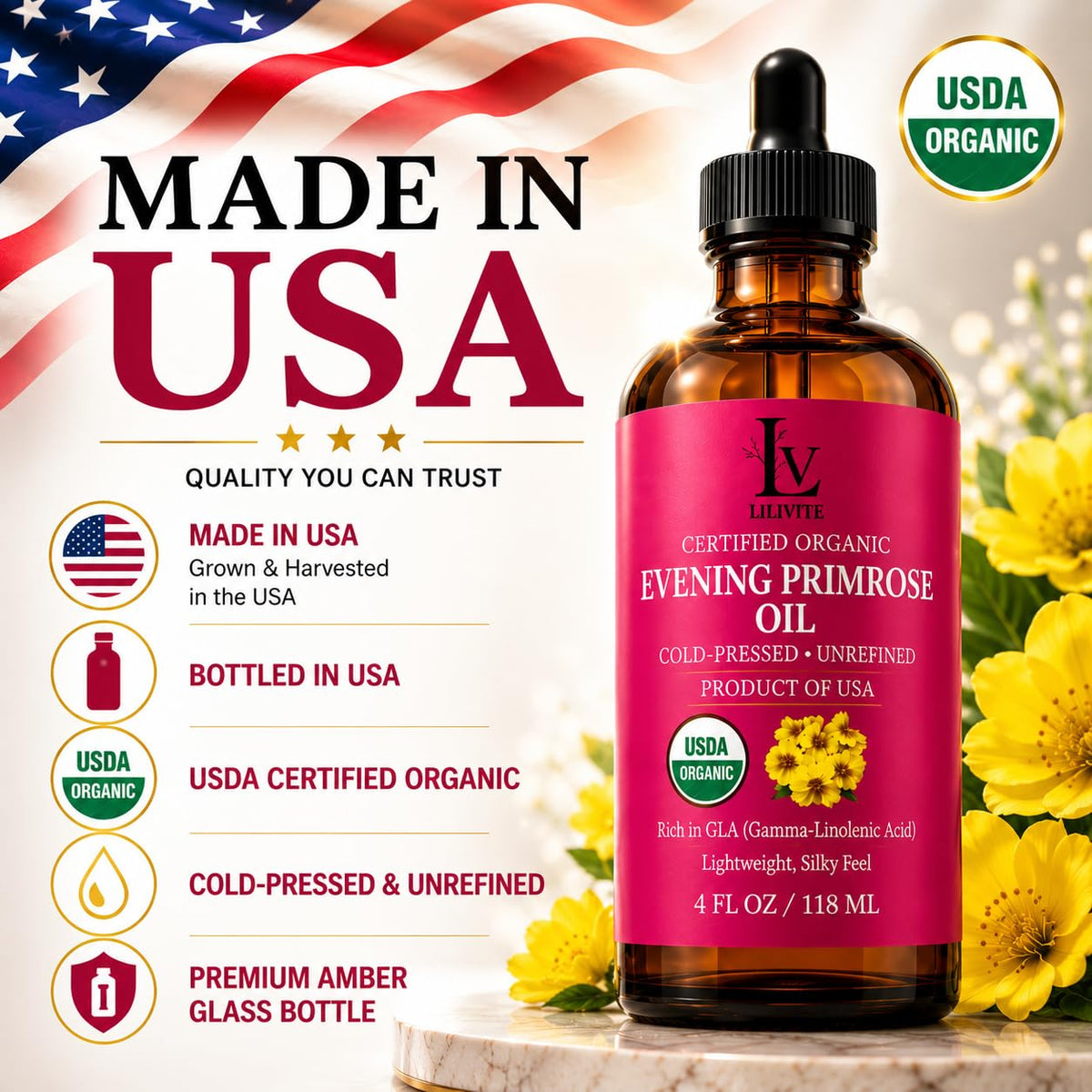 LILIVITE ORGANICS oil pouring from bottle to show cold-pressed texture and fluidity benefit
