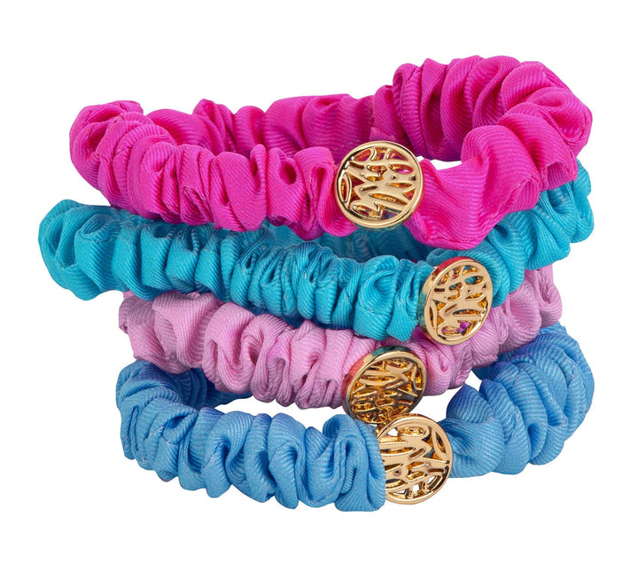 Lilly Pulitzer front packaging displaying four assorted satin scrunchies and colors