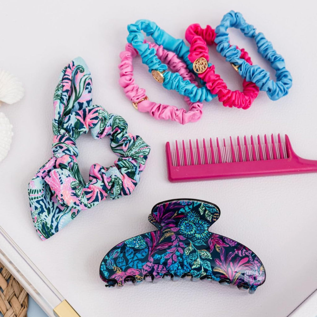 Lilly Pulitzer scrunchie holding ponytail securely with soft, low-tension grip