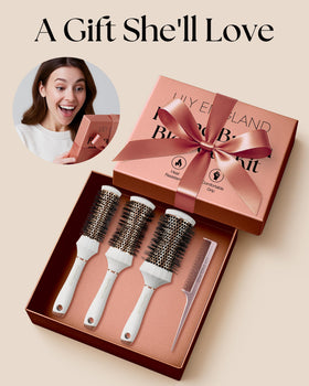 Lily England scale comparison in hands showing brush sizes for versatile styling benefit