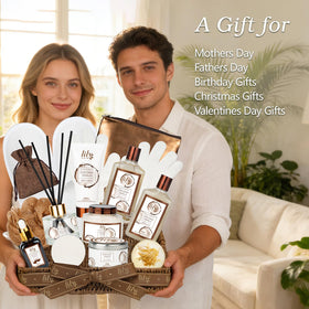 LILY ROY woven basket overhead showing arranged spa items for easy display