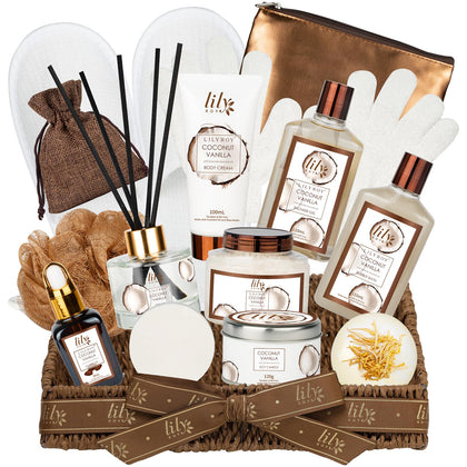 LILY ROY front view of full coconut vanilla spa gift set, ready to gift