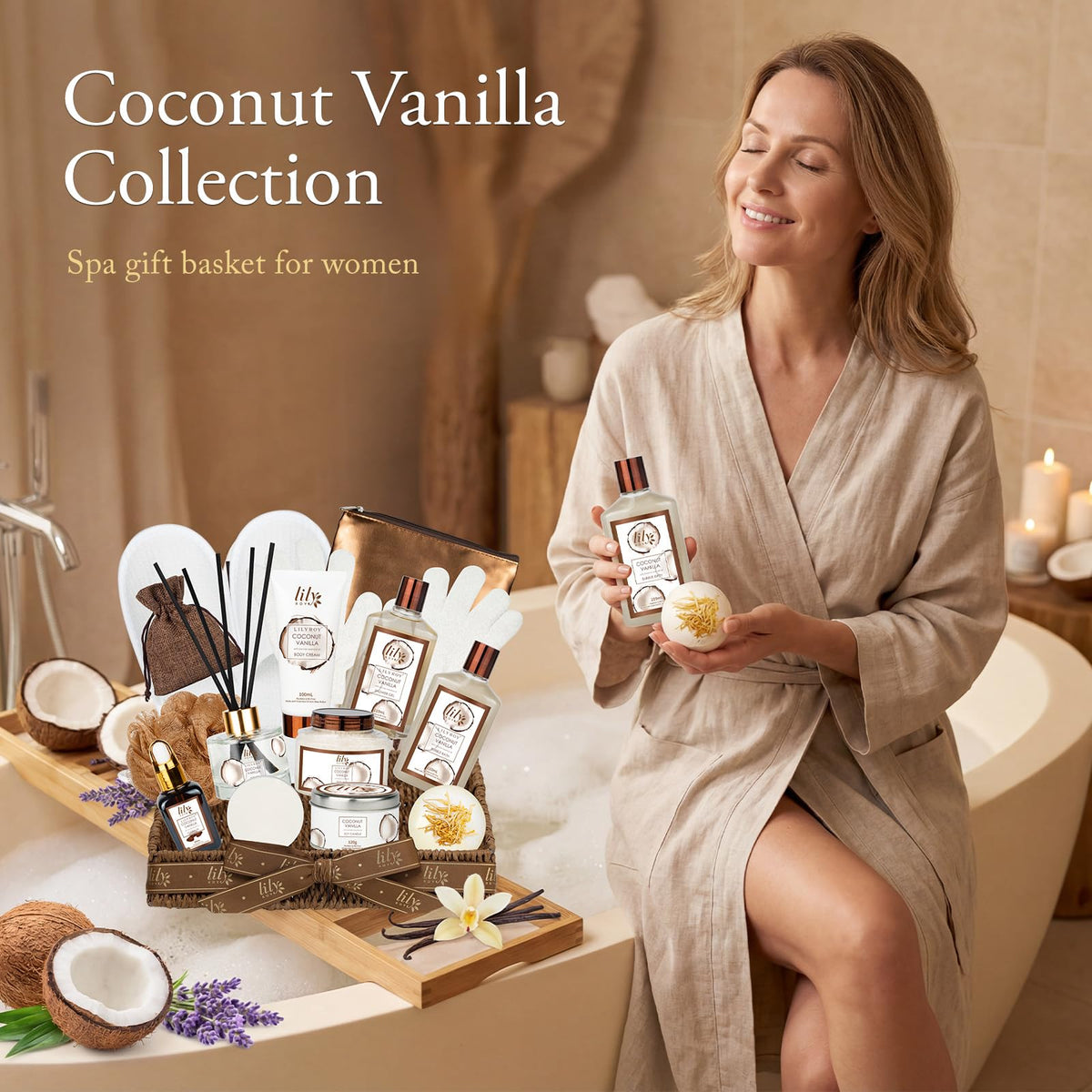 LILY ROY reed diffuser sticks in bottle releasing continuous coconut vanilla scent