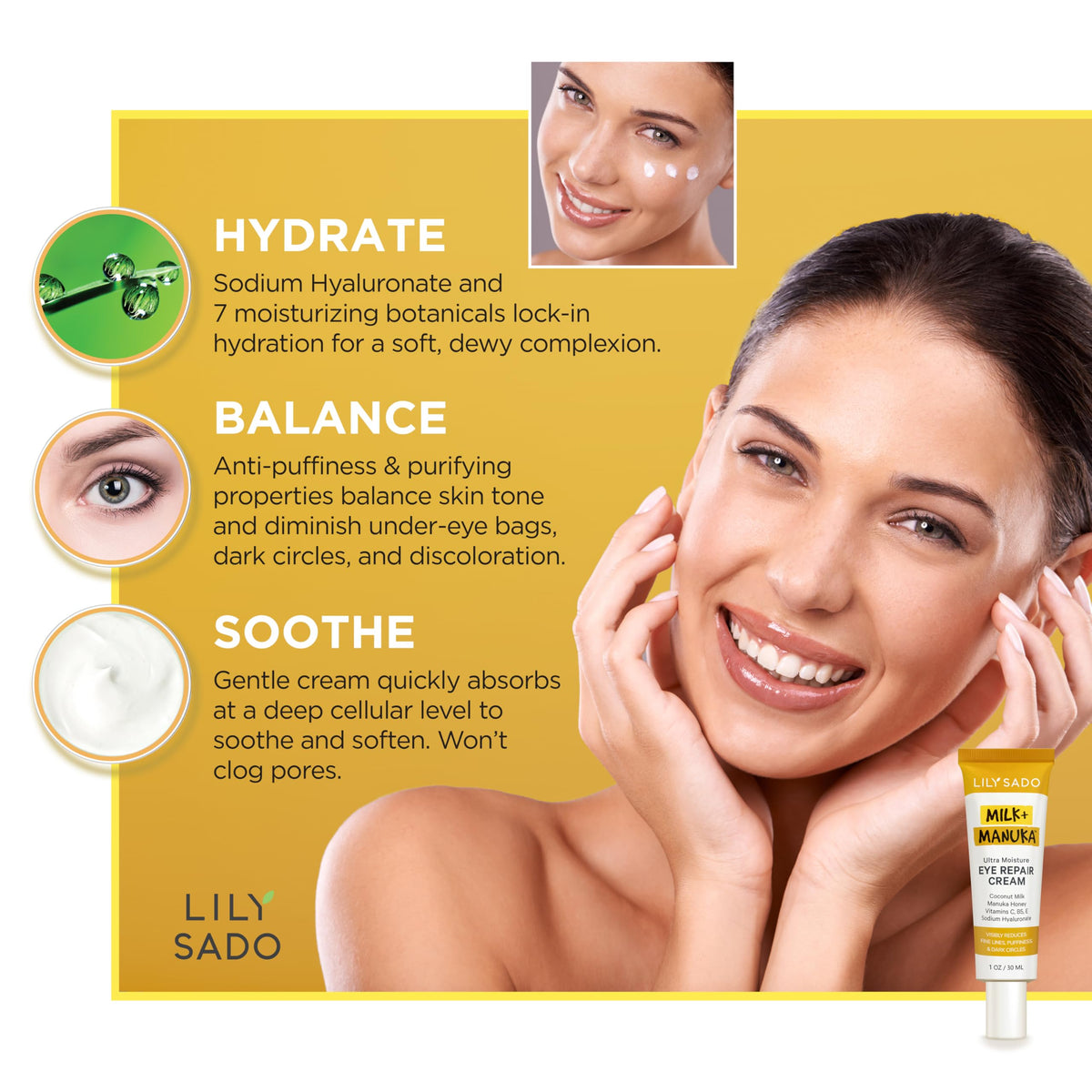 LILY SADO pump and label detail illustrating precise application benefit