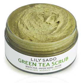 LILY SADO front packaging showing matcha sugar facial scrub and benefits