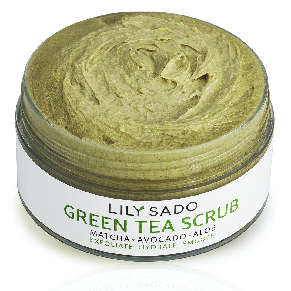 LILY SADO front packaging showing matcha sugar facial scrub and benefits