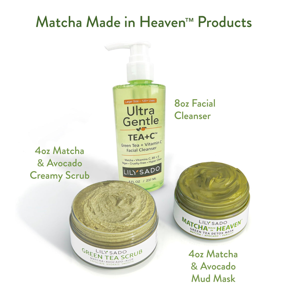 LILY SADO ingredients flatlay with matcha, avocado and botanicals for nourishment