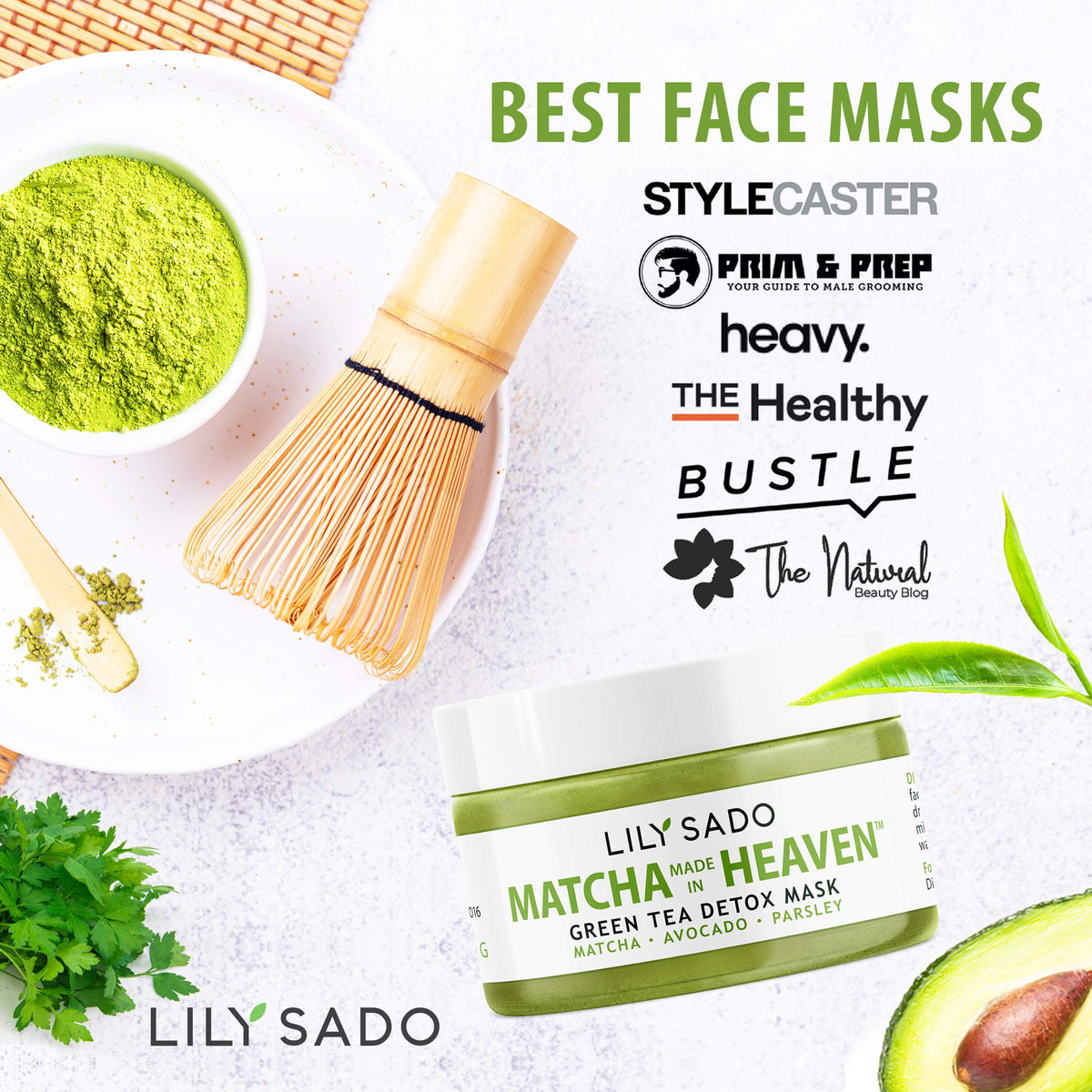 LILY SADO matcha powder and avocado showing natural antioxidant nourishment benefit