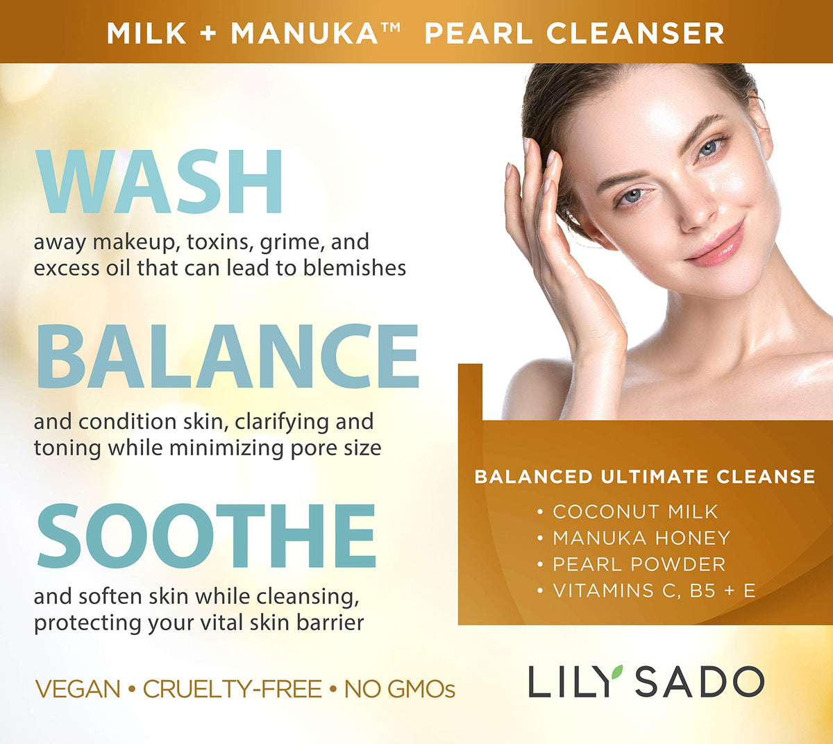 LILY SADO pump and label detail highlighting ingredients and easy dispensing