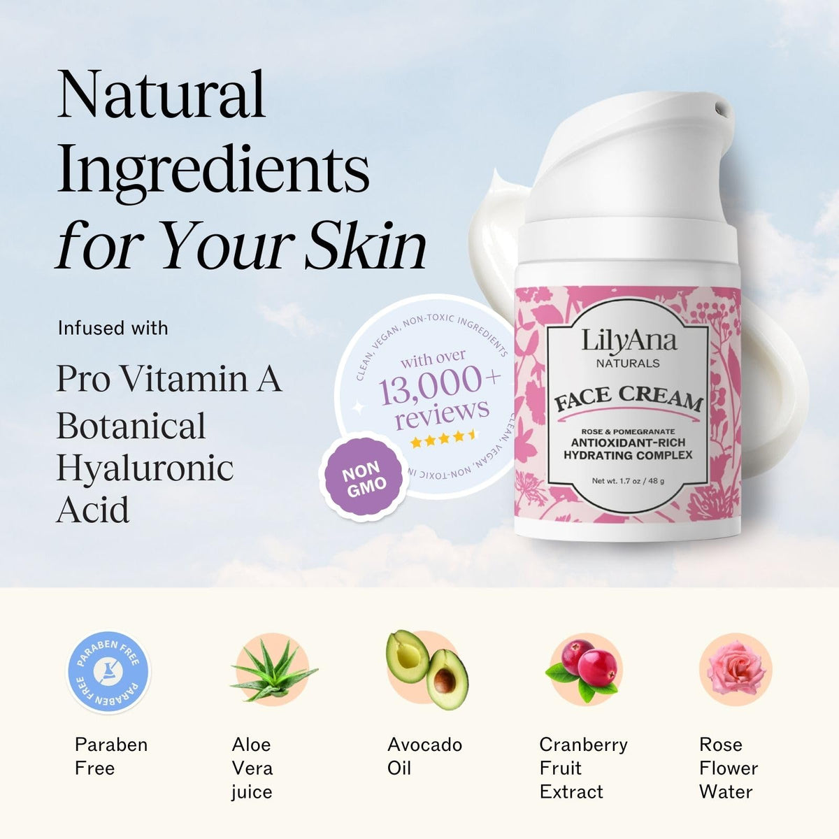 LilyAna Naturals cream spread on hand showing lightweight hydration