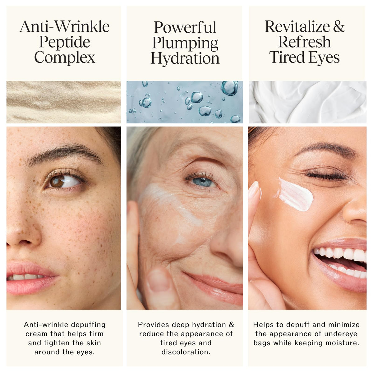 LilyAna Naturals applied under-eye on model showing reduced puffiness benefit