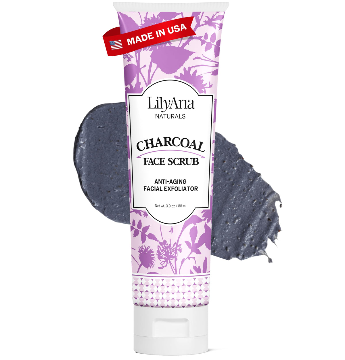 LilyAna Naturals front jar view showing charcoal scrub and lavender scent benefit