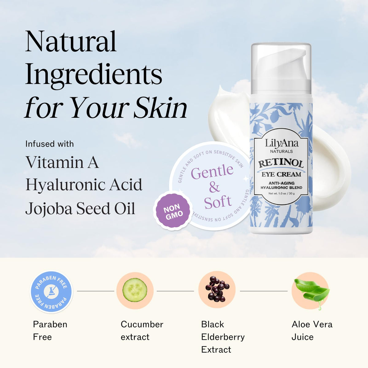 LilyAna Naturals cream on fingertip ready for gentle under-eye application