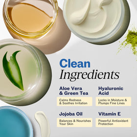 LilyAna Naturals ingredient flat lay featuring hyaluronic acid and vitamin E boost