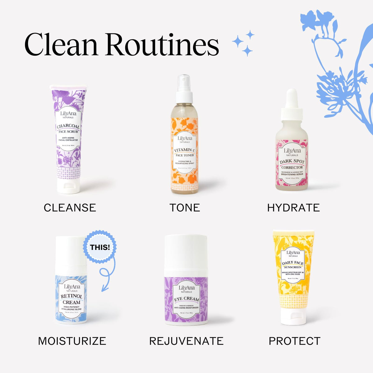 LilyAna Naturals label close-up focusing on active ingredients and clean-beauty claims