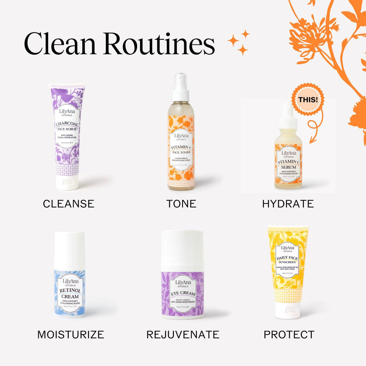 LilyAna Naturals serum on bathroom shelf as part of daily routine