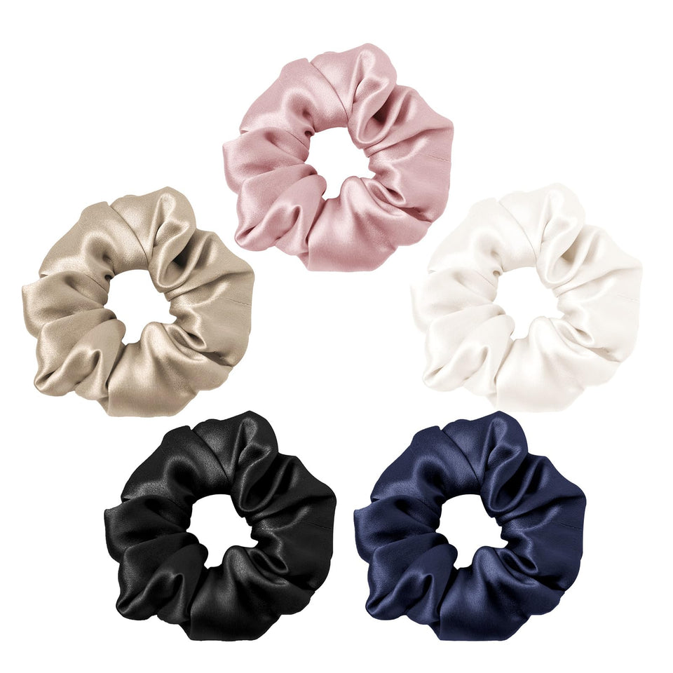 LilySilk front view of five silk scrunchies showing colors and packaging benefit shine