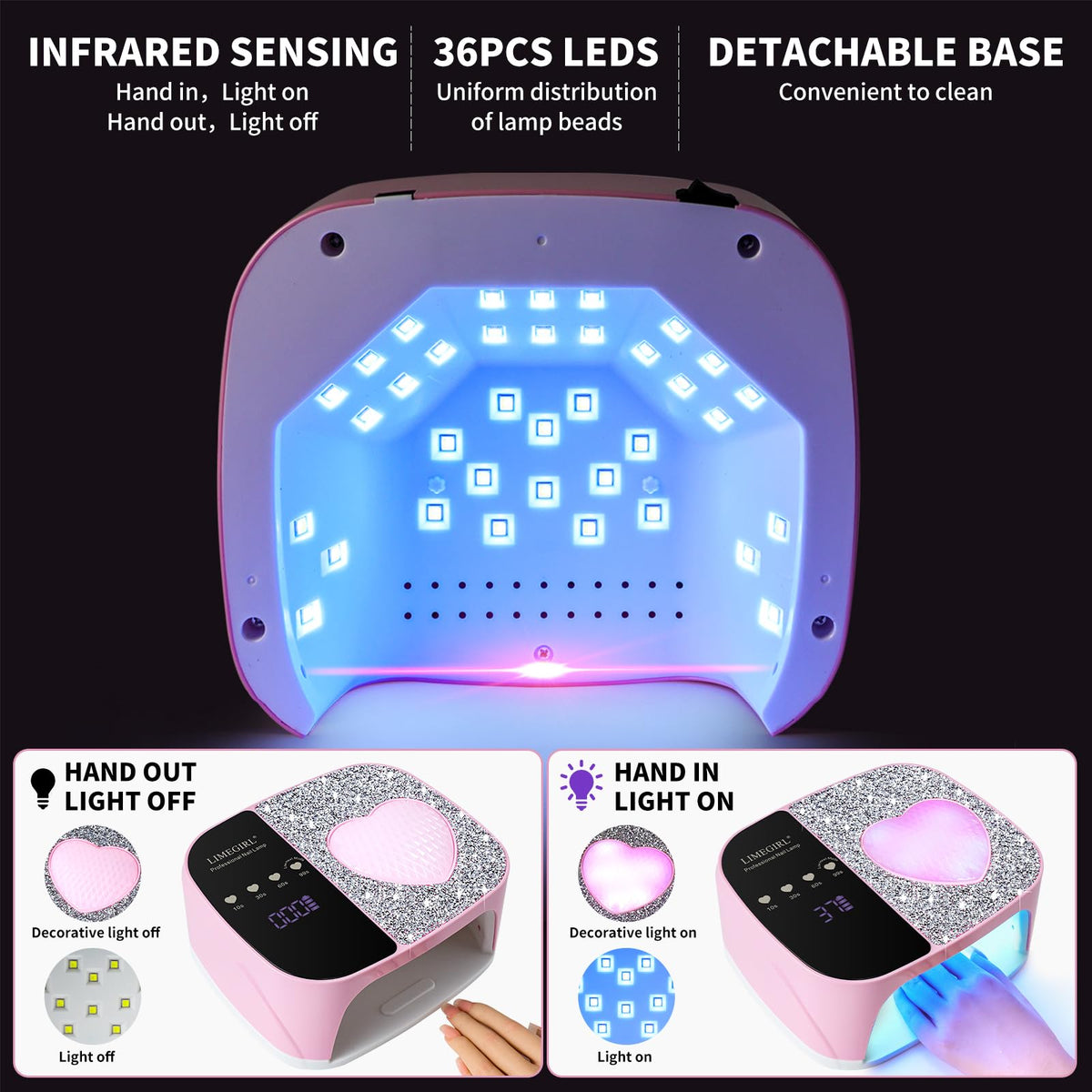 LimeGirl close-up of 36 LED chips for fast even curing across nails