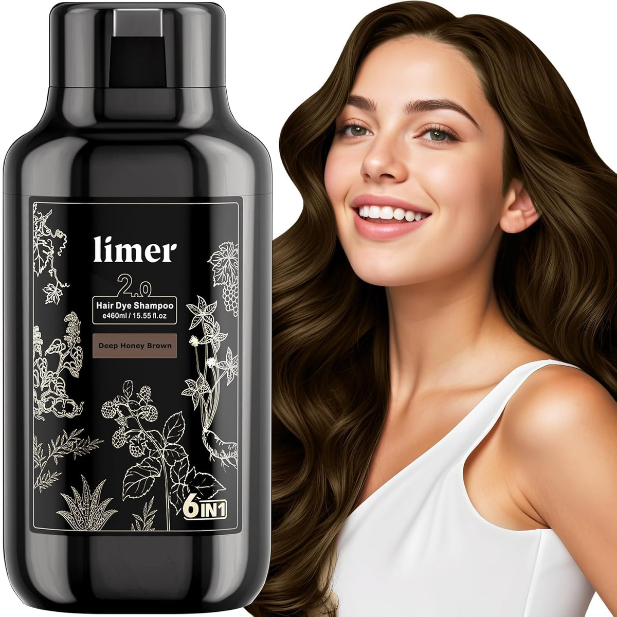 Limer front packaging showing bottle and deep honey brown shade benefit